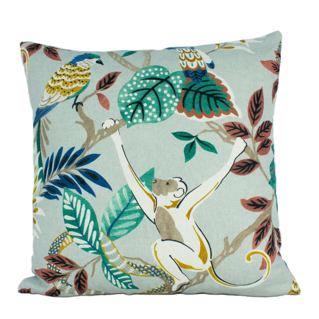 Jane Churchill - Indira - Teal - Tropical Exotic Monkey Parrot Cushion Cover - Handmade Throw Pillow Designer Home Decor.