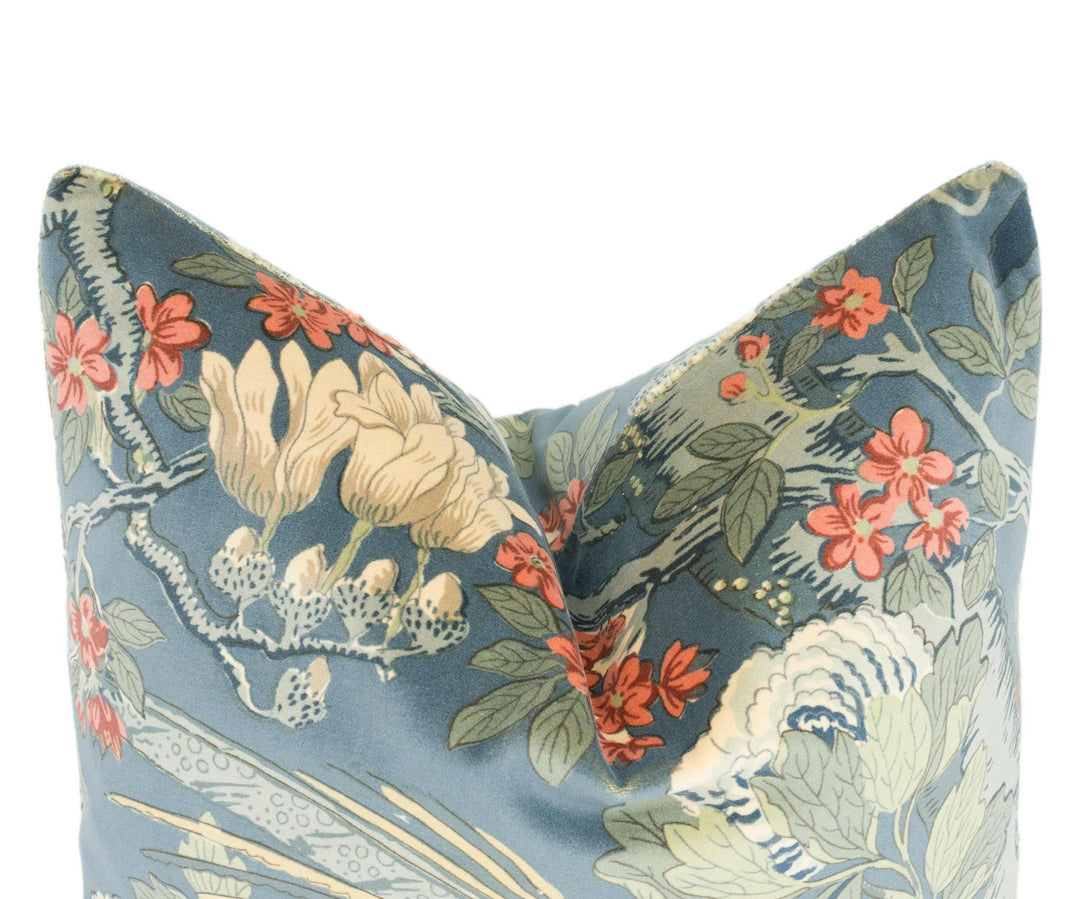 GP & J Baker - Rockbird Velvet - Teal - Exotic Magnolia Tree Pheasant Designer Cushion Cover - Luxury Throw Pillow - Handmade Home Decor.