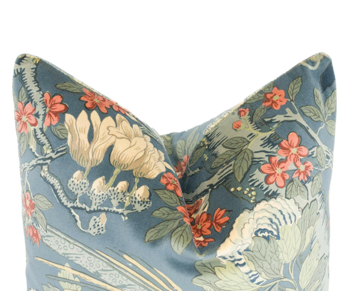 GP & J Baker - Rockbird Velvet - Teal - Exotic Magnolia Tree Pheasant Designer Cushion Cover - Luxury Throw Pillow - Handmade Home Decor.