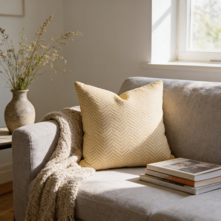 a cozy living room with a gray sofa adorned with a yellow and white striped pillow, a stack of books, and a vase of flowers on a side table.