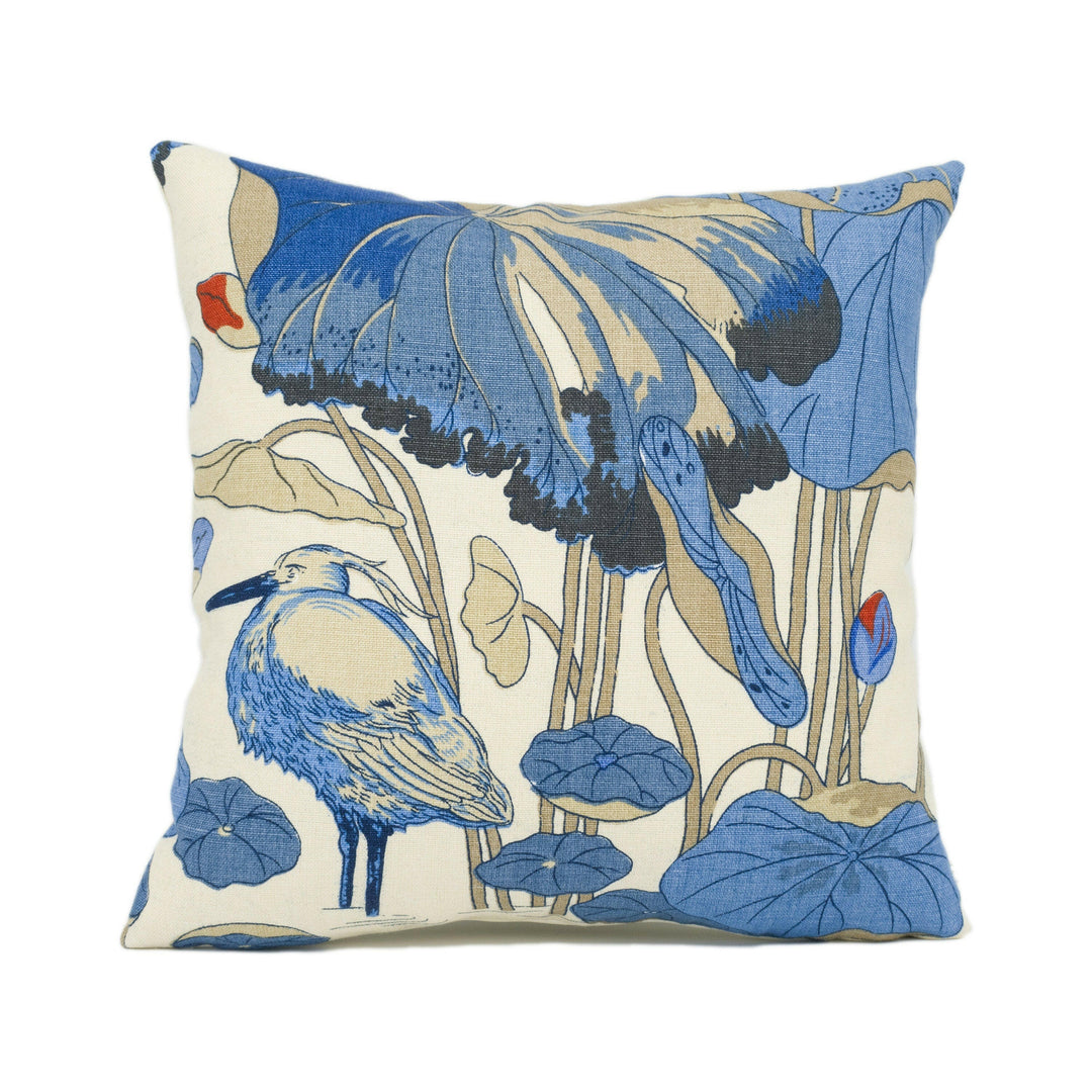 GP & J Baker - Nympheus - Indigo / Marine / Linen - Birds and Lillypad Cushion Cover - Handmade Throw Pillow - Designer Home Décor.