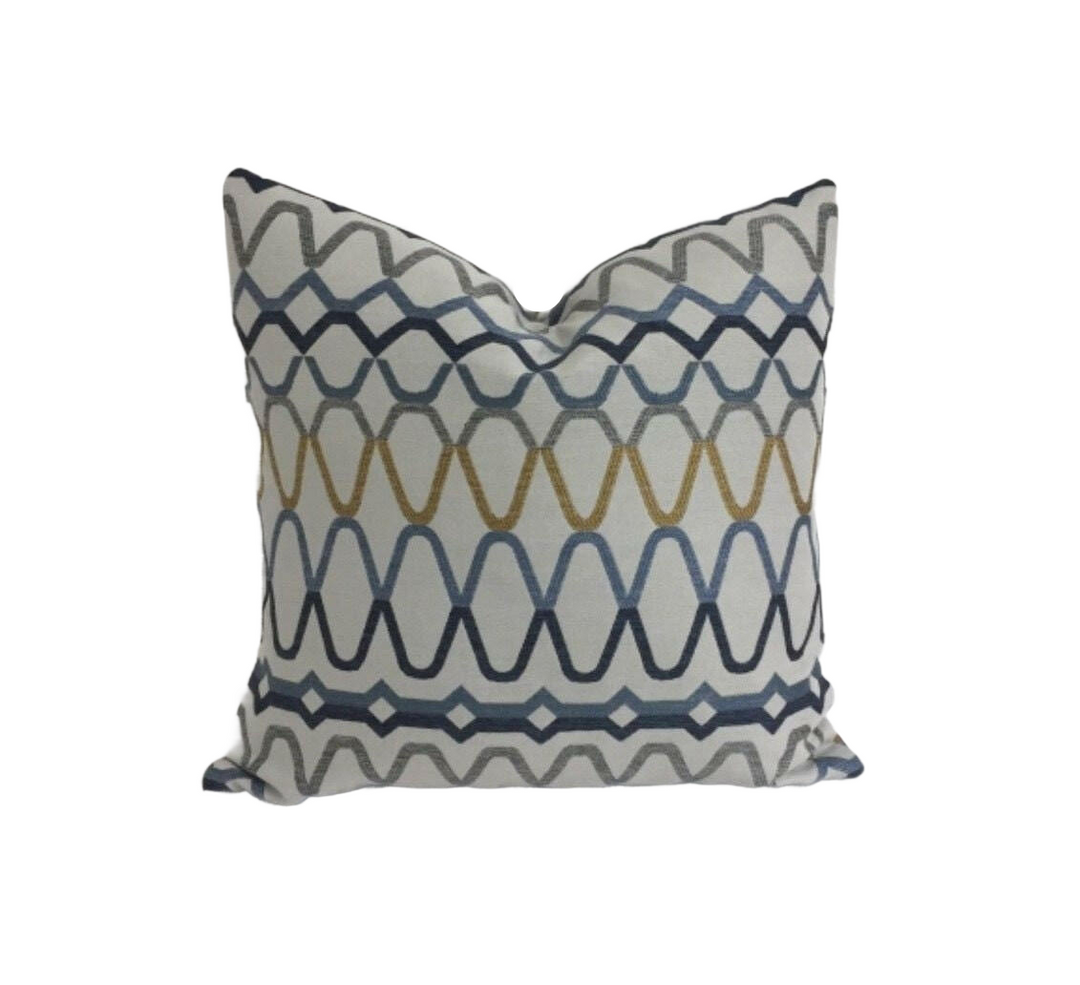 Scion - Ada - Shale / Denim / Ochre - Striking Embroidered Cushion Cover Handmade Throw Pillow Designer Home Decor.