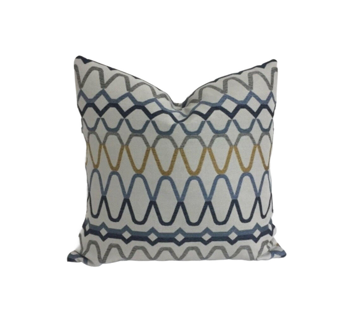 Scion - Ada - Shale / Denim / Ochre - Striking Embroidered Cushion Cover Handmade Throw Pillow Designer Home Decor.