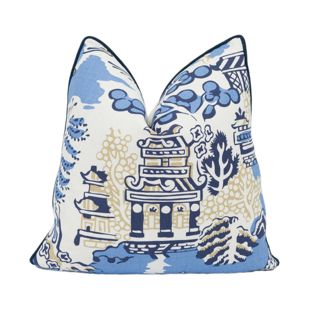 Thibaut - Luzon - Blue - Beautiful Asian Inspired Cushion Cover Handmade Contrast Piped Throw Pillow Designer Home Décor.