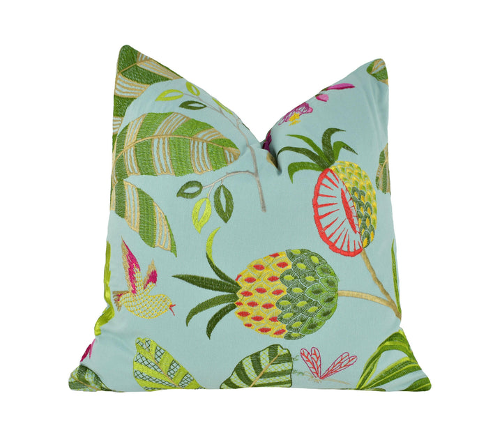 Jane Churchill - Maracatu - Aqua - Tropical Embroidered Exotic Landscape Cushion Cover - Handmade Throw Pillow Designer Home Decor.