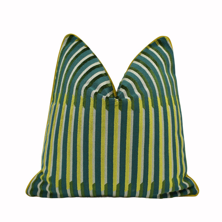 A green and yellow striped throw pillow with a pointed top.