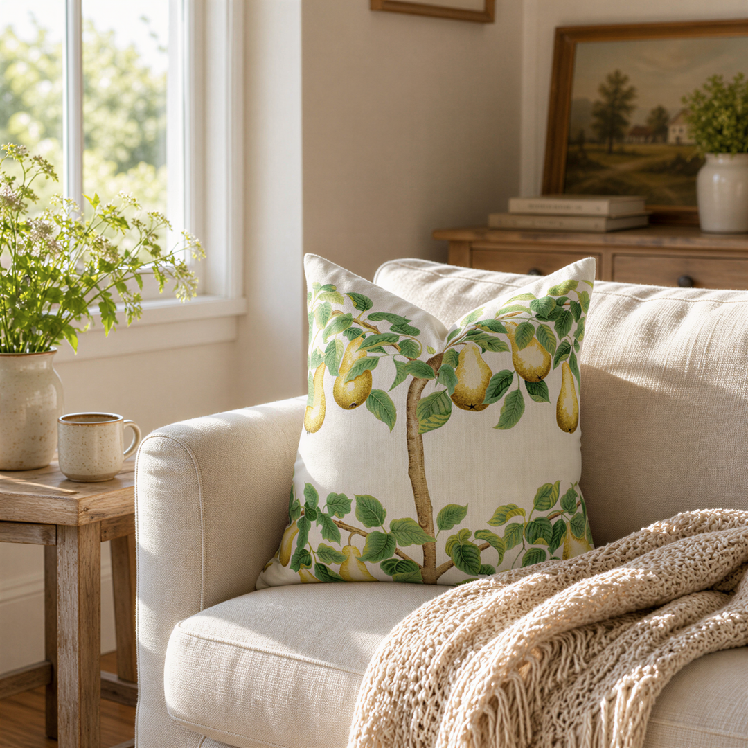 a cozy living room with a white sofa, a decorative pillow with a pear tree design, and a wooden side table with a vase of flowers.