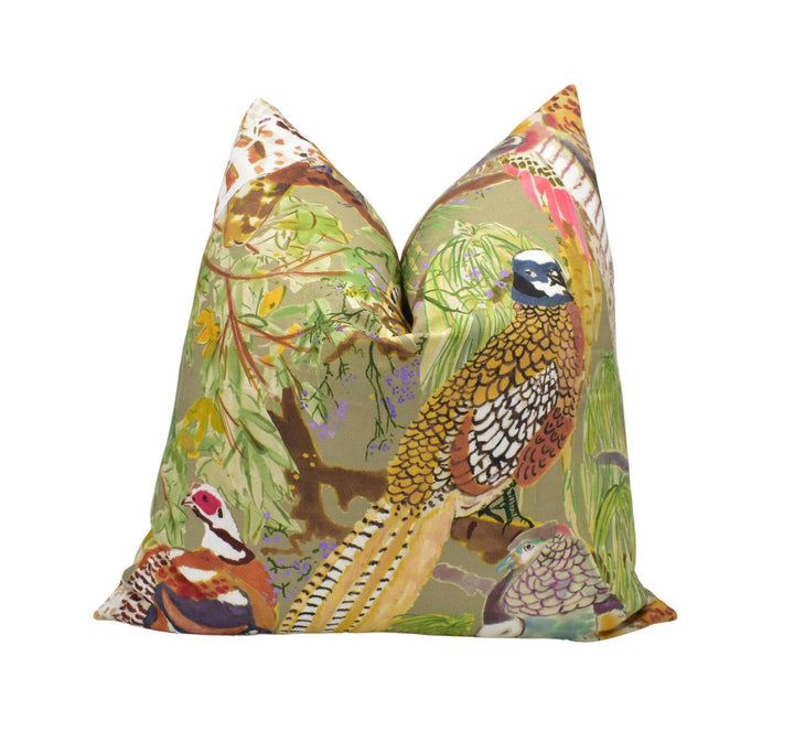 Mulberry - Game Birds Linen - Stone / Multi - Romantic Bohemian Cushion Cover - Luxury Designer Bird Throw Pillow - Neutral Pillow Cover.