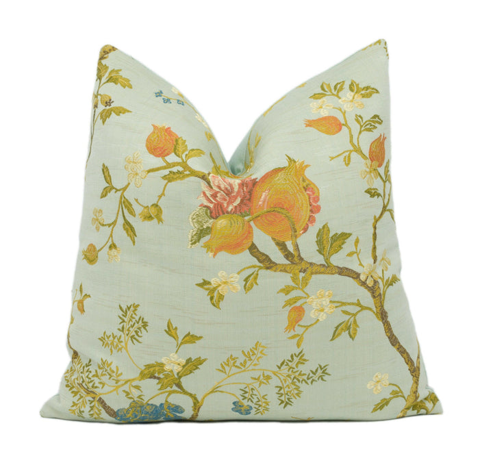 Scalamandre - Melograno - Multi on Sky Blue - Romantic Whimsical Indian European Lampas  Designer Cushion Cover - Luxury Throw Pillow Home.