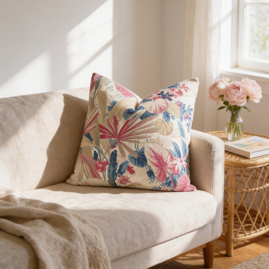 a cozy living room with a beige sofa adorned with a colorful floral pillow, a woven side table with a vase of pink flowers, and a book on the table.