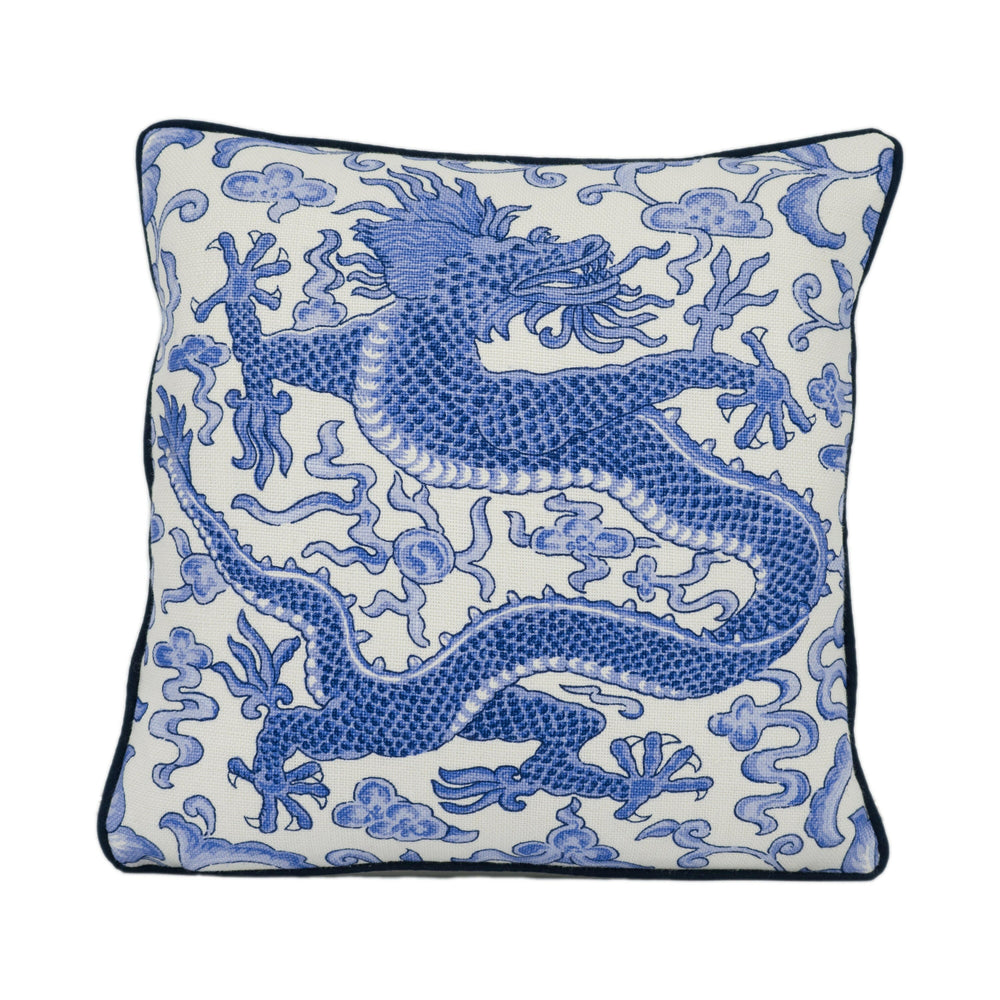 Scalamandre - Chi'en Dragon Linen Print - Indigo - Mythical Chinese Dragon Designer Cushion Cover Handmade Throw Pillow Luxury Home Decor.