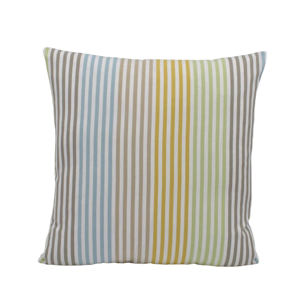 A square throw pillow with a striped pattern in various colors, including blue, gray, yellow, and green.