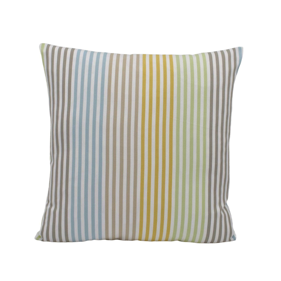 A square throw pillow with a striped pattern in various colors, including blue, gray, yellow, and green.