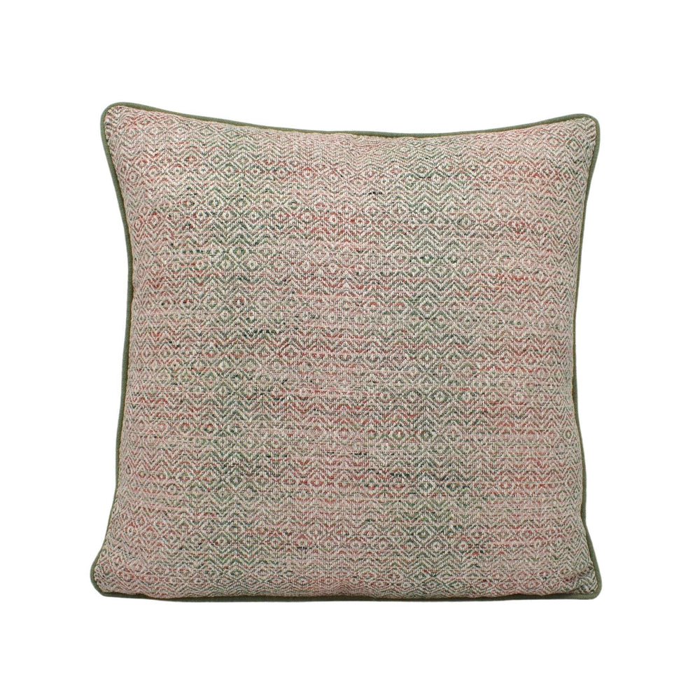 a pink and green pillow on a white background