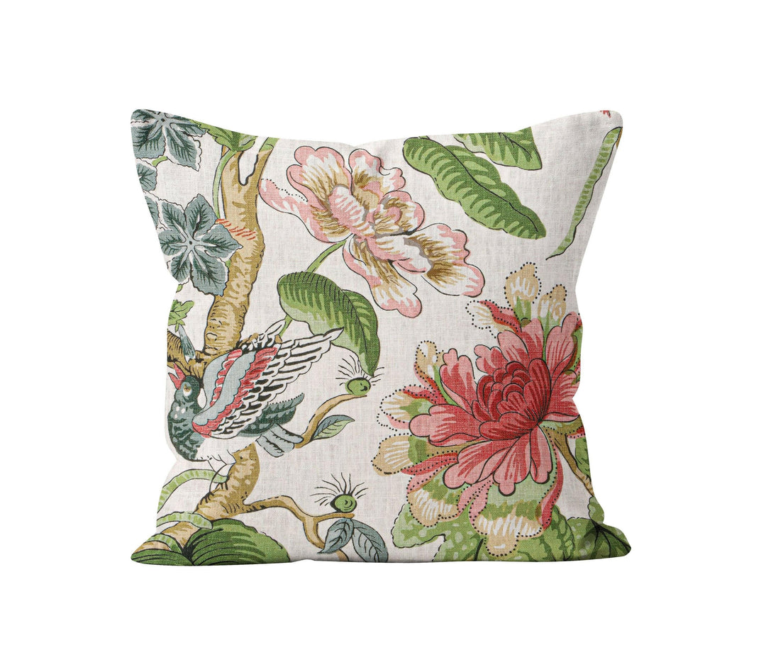 Thibaut - Hill Garden - Coral and Green - Traditional Floral Cushion Cover - Handmade Throw Pillow - Designer Home Décor.