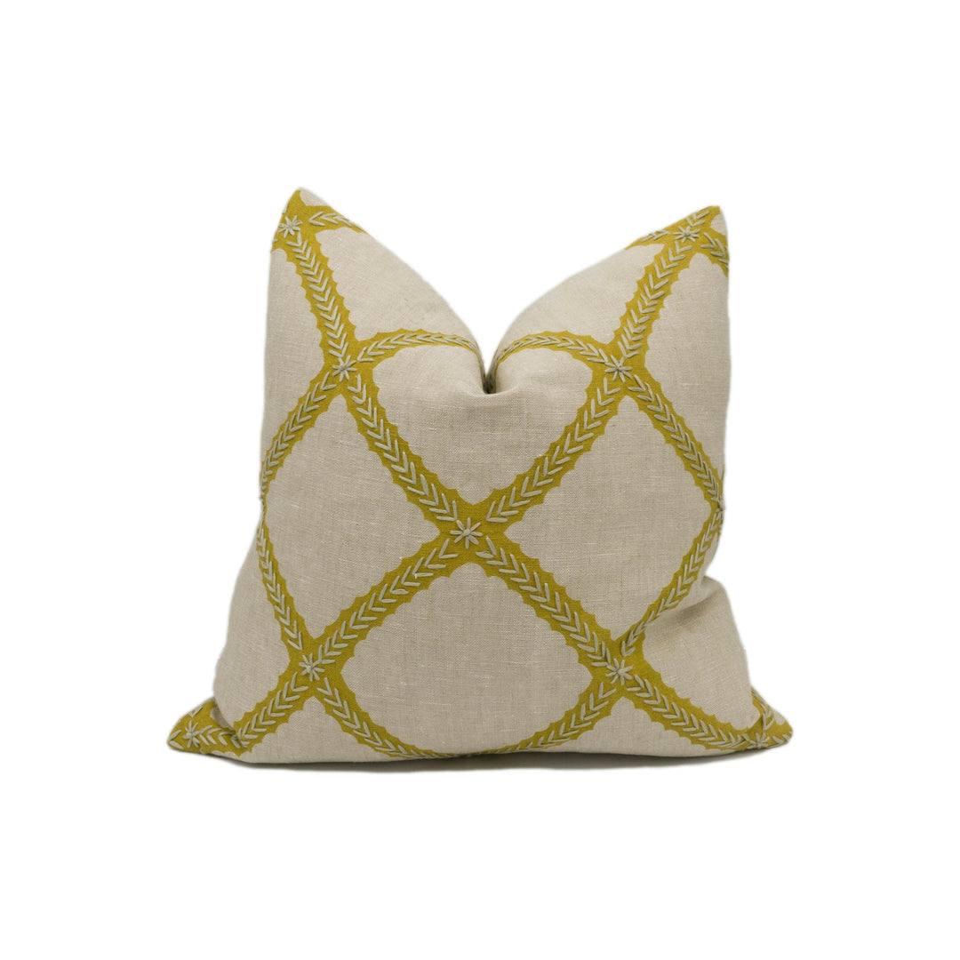 Thibaut - Majuli Embroidery - Gold on Flax - Luxurious Embroidered Nautical Designer Cushion Cover - Luxury Throw Pillow Handmade Home Décor.