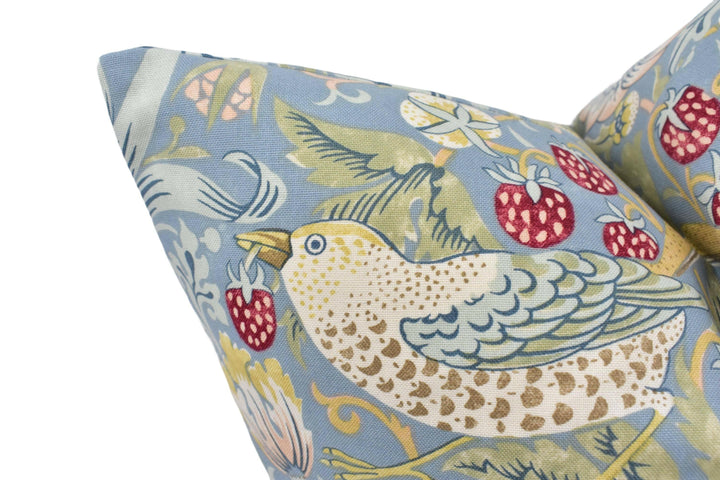William Morris - Strawberry Thief - Slate / Vellum - Iconic Floral Morris Designer Cushion Cover - Handmade Cheeky Bird Blue Pillow Cover.