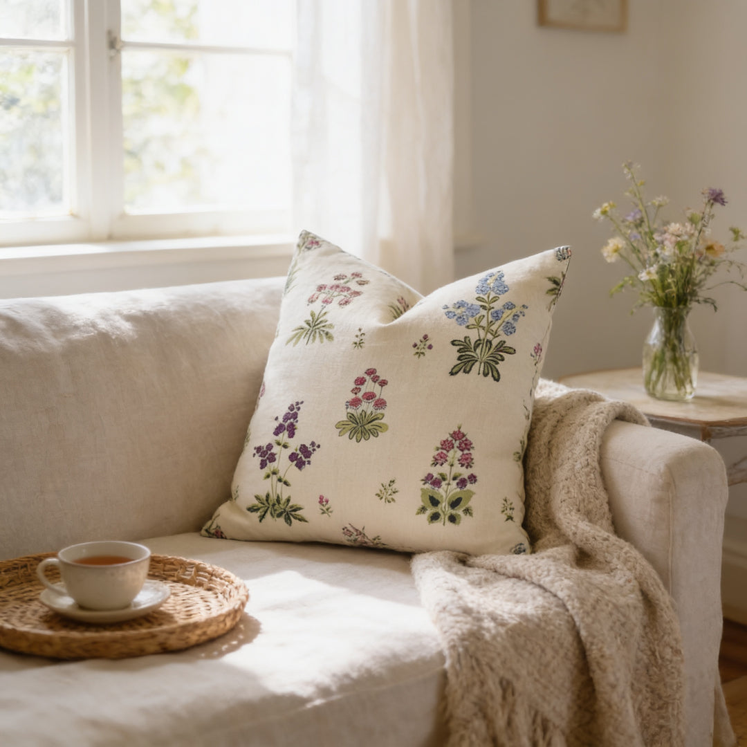 A cozy living room with a beige sofa, a white pillow with colorful floral patterns, a woven tray with a cup of tea, and a vase of flowers on a side table.