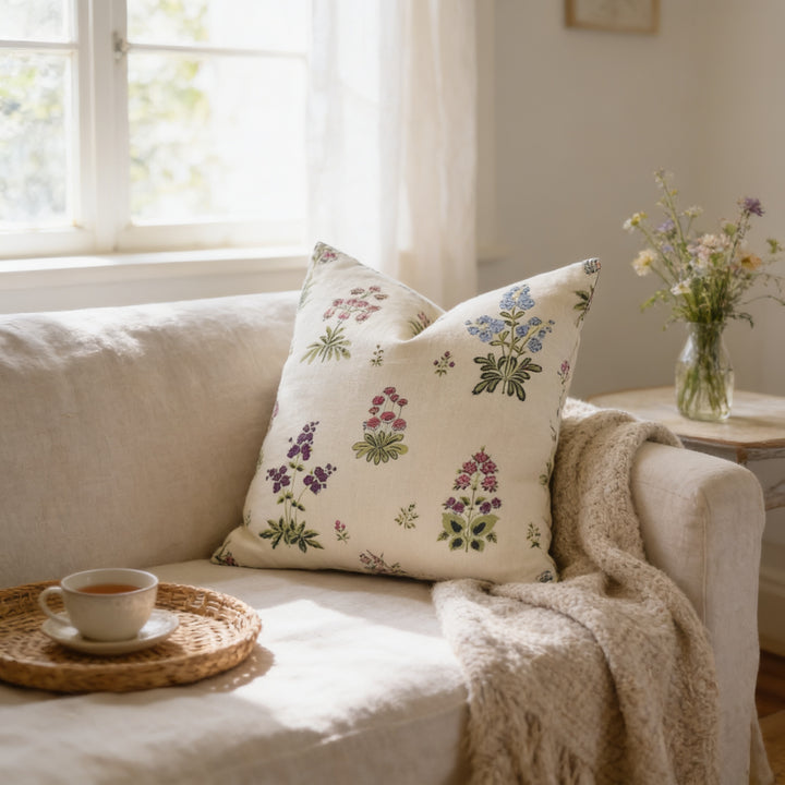 A cozy living room with a beige sofa, a white pillow with colorful floral patterns, a woven tray with a cup of tea, and a vase of flowers on a side table.