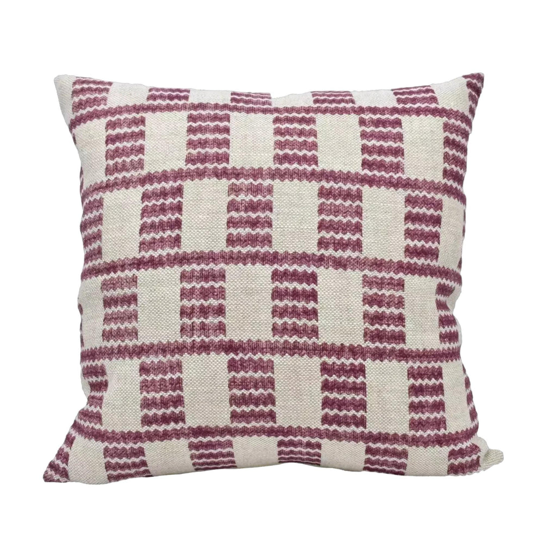 A square throw pillow with a checkered pattern in shades of pink and white.