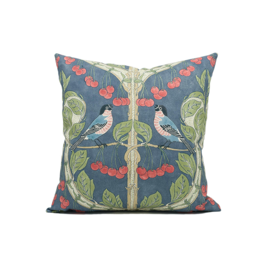 GP and J Baker - Birds & Cherries - Indigo - Charming Espalier Cherry Tree English Garden Designer Cushion Cover - Handmade Throw Pillow.