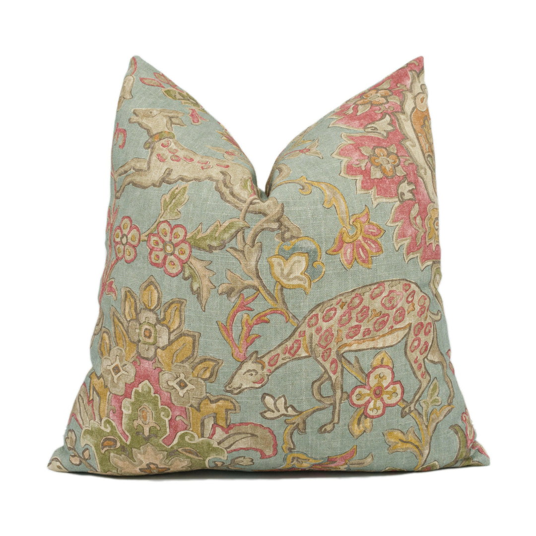 Mulberry - Wild Things - Teal - Fun Naïve Animal Scenes Floral Cushion Cover - Handmade Throw Pillow - Designer Home Décor.