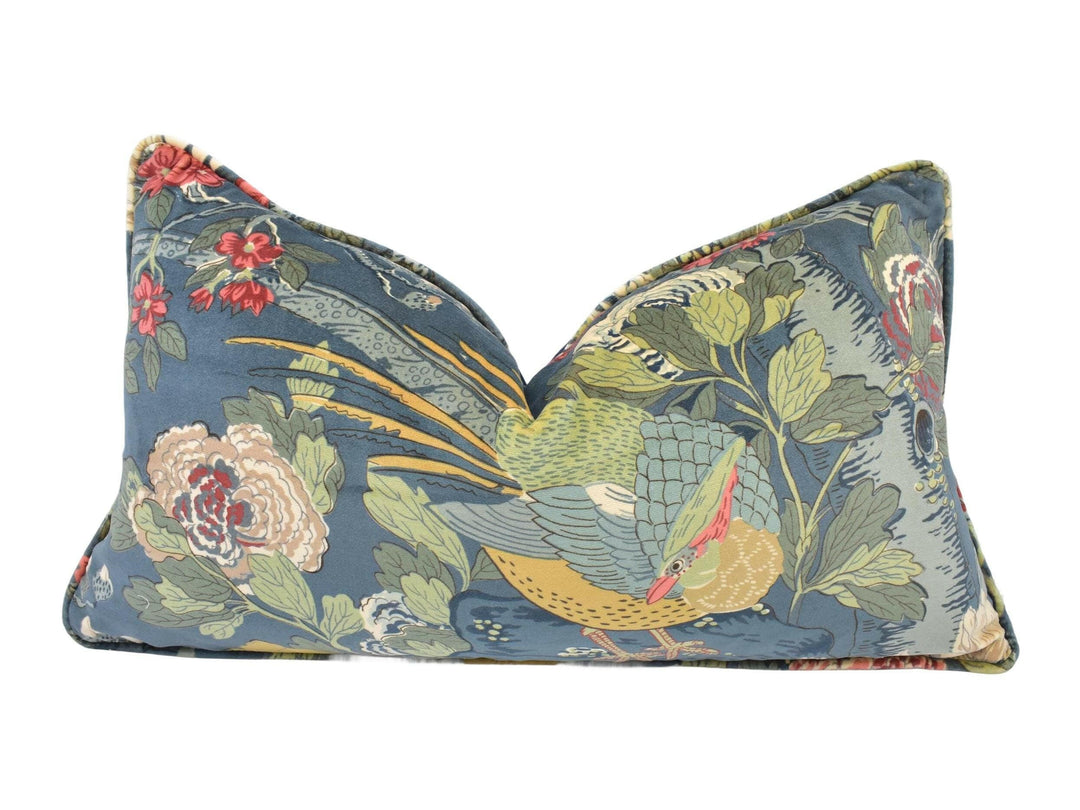 GP & J Baker - Rockbird Velvet - Teal - Exotic Magnolia Tree Pheasant Designer Cushion Cover - Luxury Throw Pillow - Handmade Home Decor.