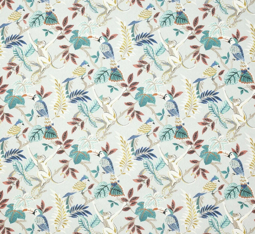 Jane Churchill - Indira - Teal - Tropical Exotic Monkey Parrot Cushion Cover - Handmade Throw Pillow Designer Home Decor.