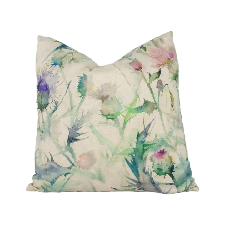 Voyage - Cirsium - Damson / Natural - Stunning Floral Watercolour Thistle Cushion Cover - Handmade Throw Pillow Designer Home Decor.