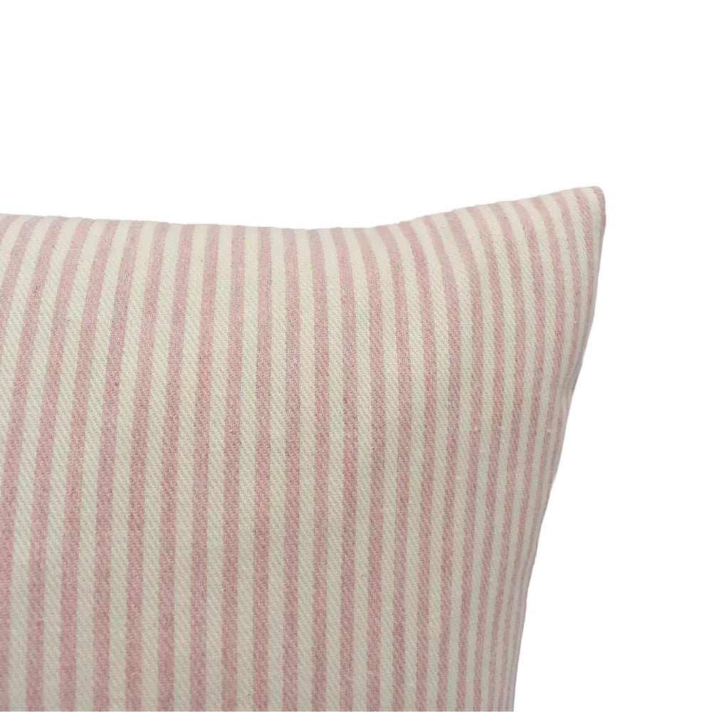 A close-up view of a striped pillow against a plain background.