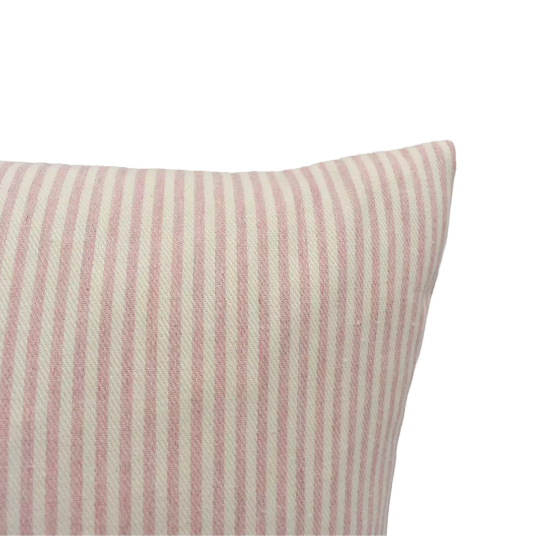 A close-up view of a striped pillow against a plain background.