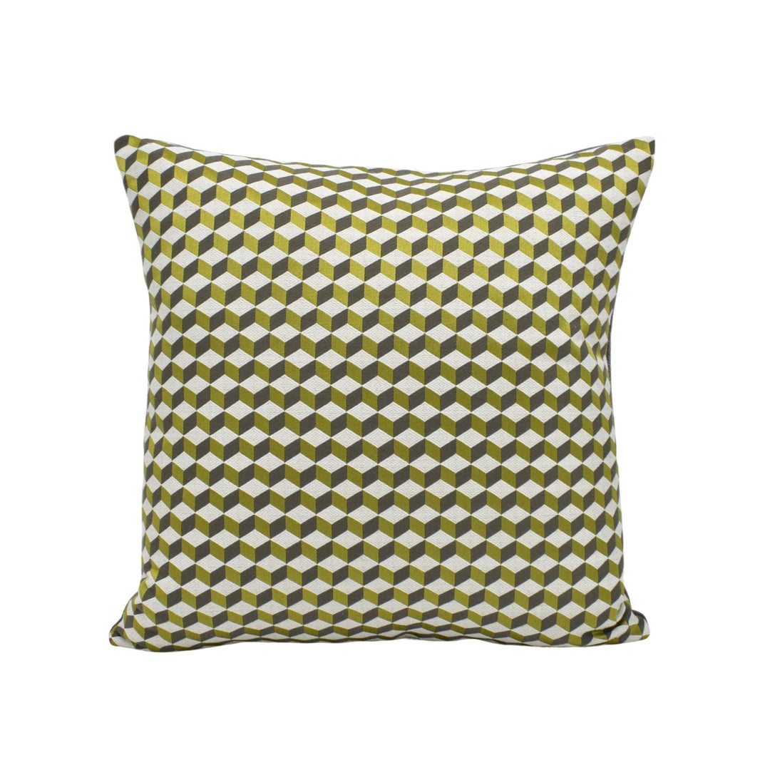 A square throw pillow with a geometric pattern in shades of green and white.