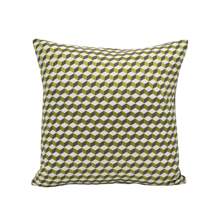 A square throw pillow with a geometric pattern in shades of green and white.