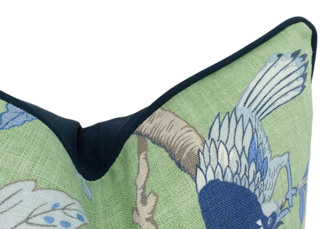 GP & J Baker - Hydrangea Bird - Emerald / Blue - Chinese Inspired Contrast Piped Cushion Cover - Handmade Throw Pillow - Designer Home Décor.