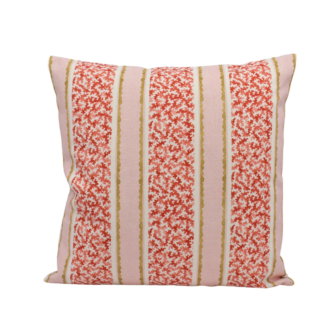 A square throw pillow with a floral pattern in shades of pink and red, featuring vertical stripes.