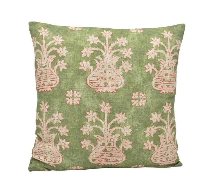 Susan Deliss - Artemis - Sage Green - Turkish Block Print Floral Designer Cushion Cover - Traditional Linen Pillow Cover - Green Cushion.