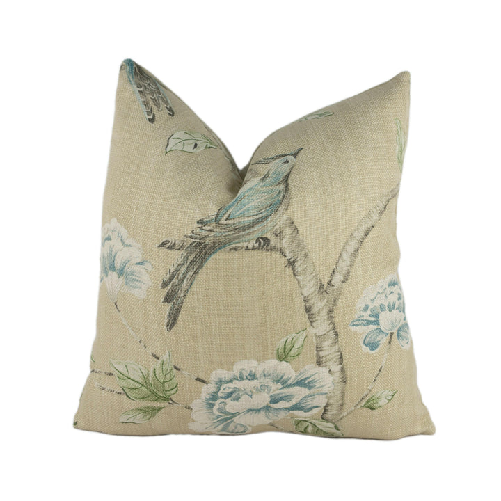 Zoffany - Woodville - Pebble - Classic Bird & Blossom Chinoiserie Cushion Cover - Handmade Throw Pillow - Designer Home Decor.