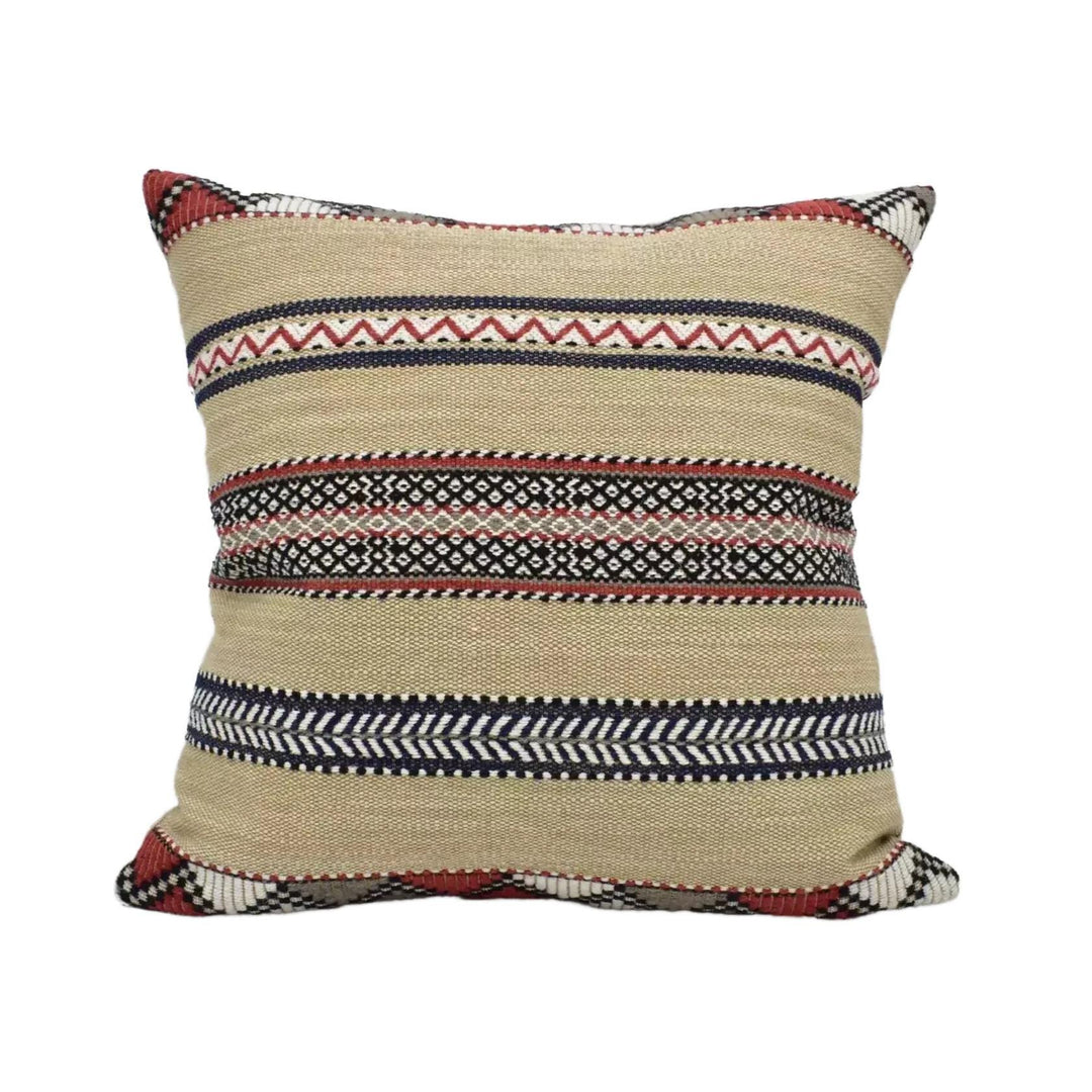 A decorative throw pillow with a striped pattern in various colors, including beige, red, and black.