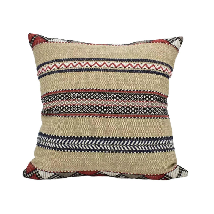 A decorative throw pillow with a striped pattern in various colors, including beige, red, and black.