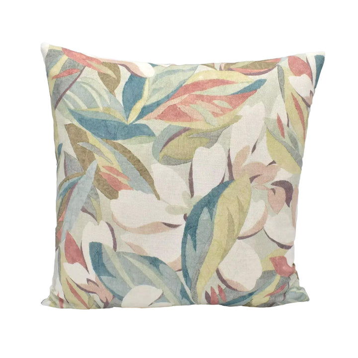 A square throw pillow with a colorful abstract floral pattern on a white background.