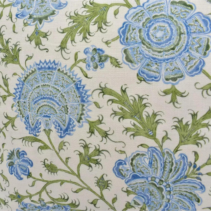 a close-up view of a fabric with a floral pattern in shades of blue and green. The pattern includes various flowers and leaves, creating a visually appealing and intricate design.