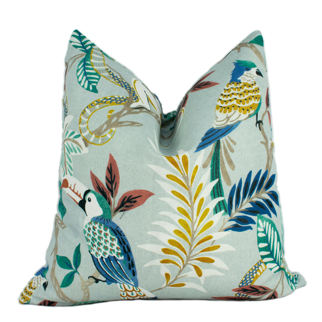 Jane Churchill - Indira - Teal - Tropical Exotic Monkey Parrot Cushion Cover - Handmade Throw Pillow Designer Home Decor.