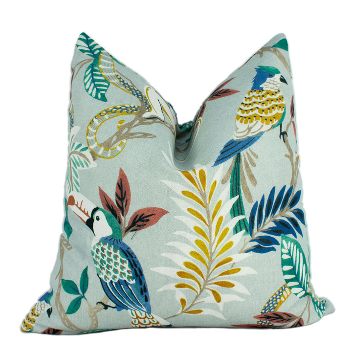 Jane Churchill - Indira - Teal - Tropical Exotic Monkey Parrot Cushion Cover - Handmade Throw Pillow Designer Home Decor.