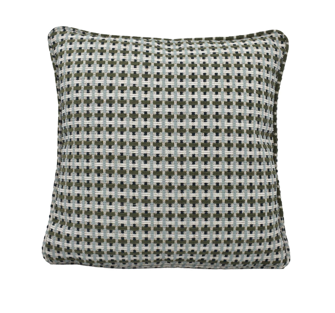 a black and white checkered pillow on a white background