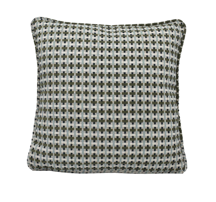 a black and white checkered pillow on a white background