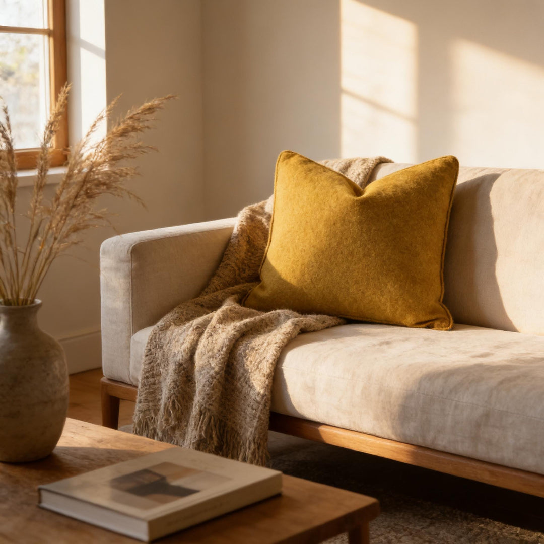 a cozy living room with a beige sofa adorned with a yellow throw pillow, a wooden coffee table, and a vase of dried flowers.