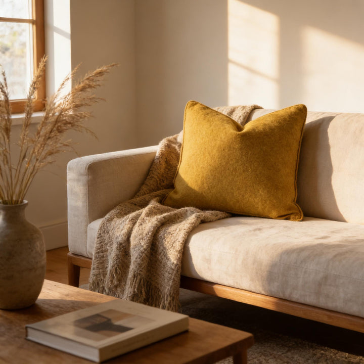 a cozy living room with a beige sofa adorned with a yellow throw pillow, a wooden coffee table, and a vase of dried flowers.