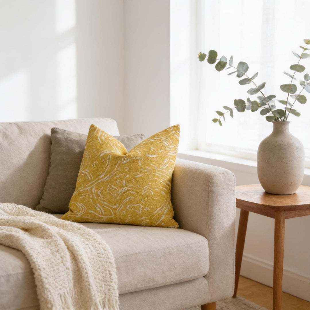 a cozy living room with a beige sofa, a yellow throw pillow, and a wooden side table with a vase of greenery.