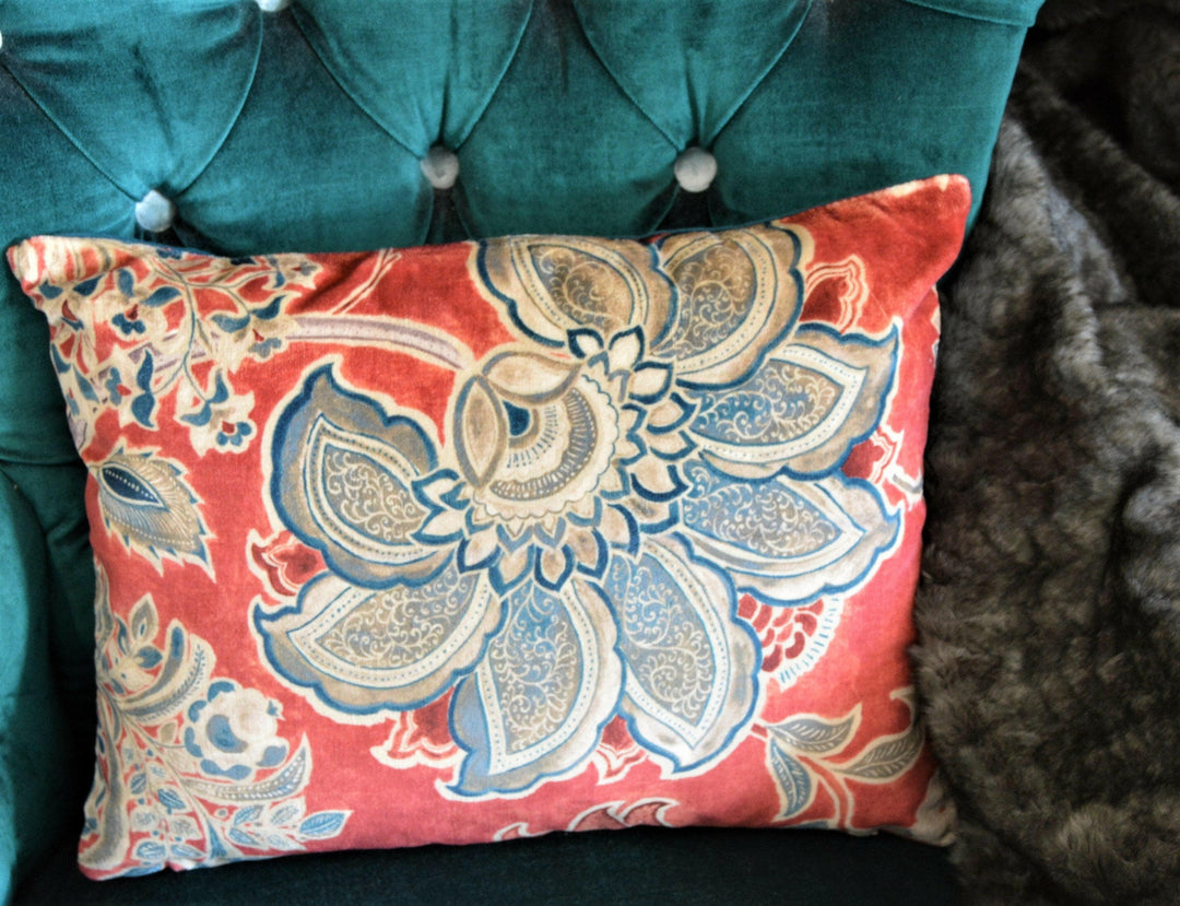 Sanderson - Shalimar - Ruby / Teal - Designer Cushion Cover Throw Pillow - Batik Vintage Floral Print - Luxury Super Soft Velvet.