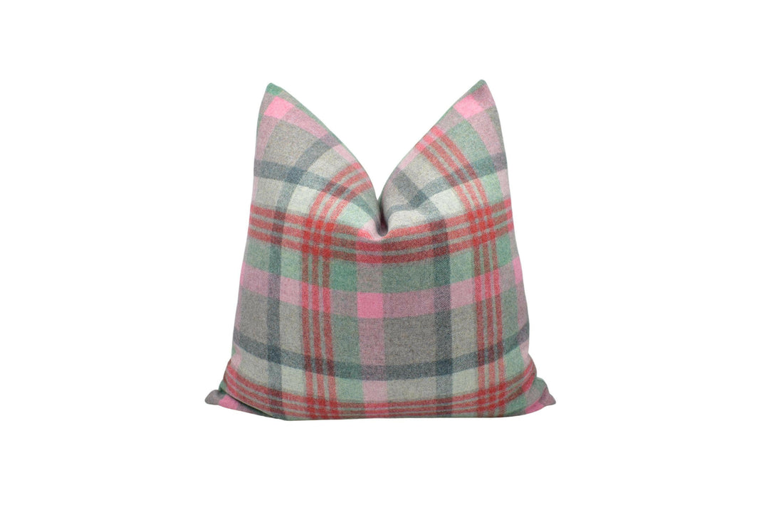 Abraham Moon - Melbourne - Aqua / Flamingo -  100% Wool Cushion Cover - Designer Plaid Pillow Cover - Handmade Custom Abraham Moon Pillow.